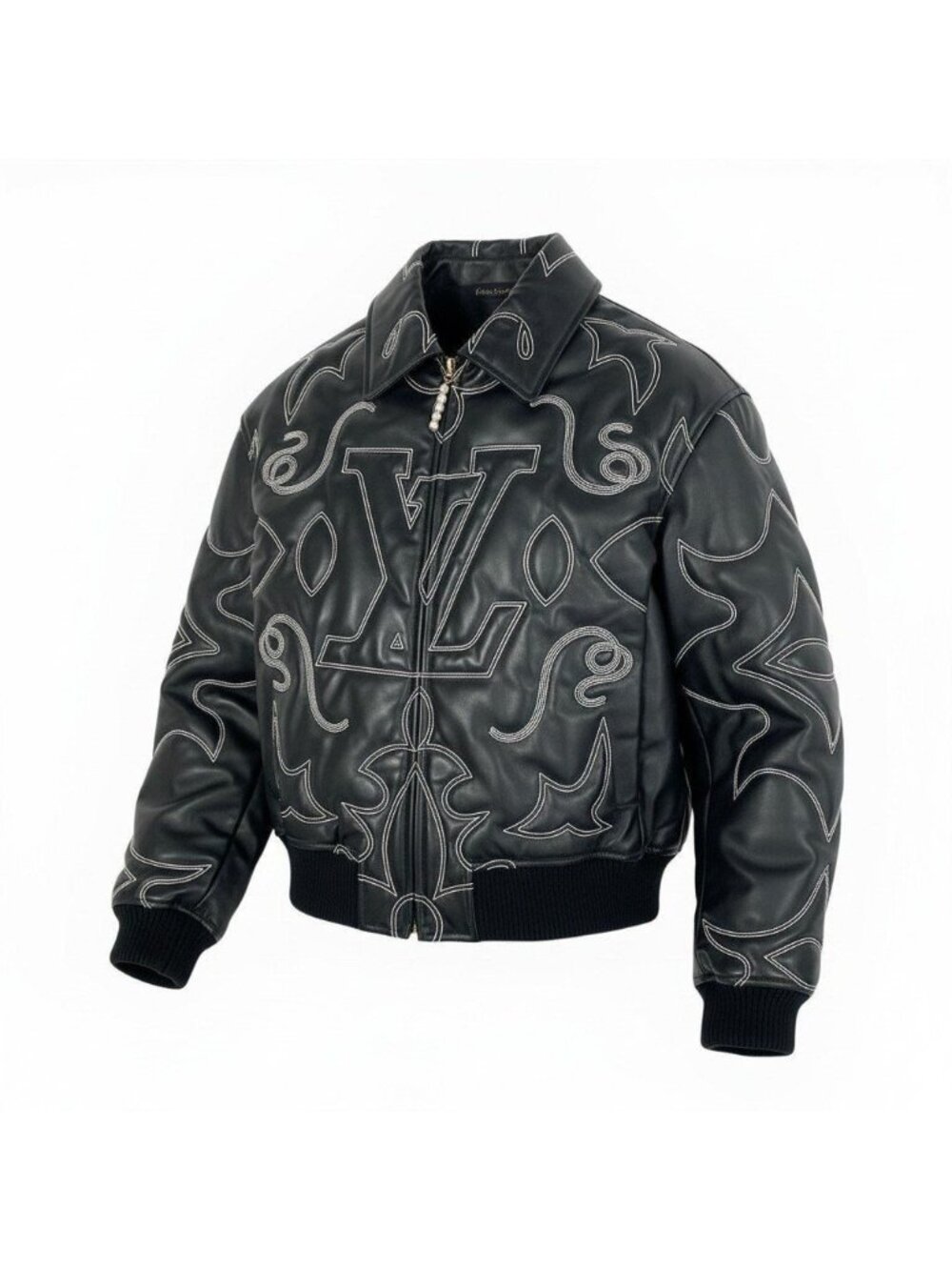 Louis Vuitton D2 Embroidered Leather Bomber Jacket 52 Black Cowhide Super